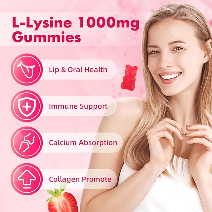 L-Lysine 1000mg Gummies, Chewable Lysine Supplement for Adults & Kids Immune Support, Essential Amino Acid, Vegetarian, Non-GMO, Sugar-Free, Gluten Free, Strawberry Flavor, 60 Counts