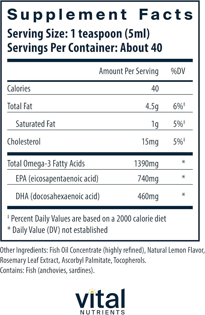 Vital Nutrients - Ultra Pure Fish Oil 1400 (Pharmaceutical Grade) - Deep Sea Liquid Fish Oil, Cardiovascular Support, Natural Lemon Flavor - 200 ml per Bottle