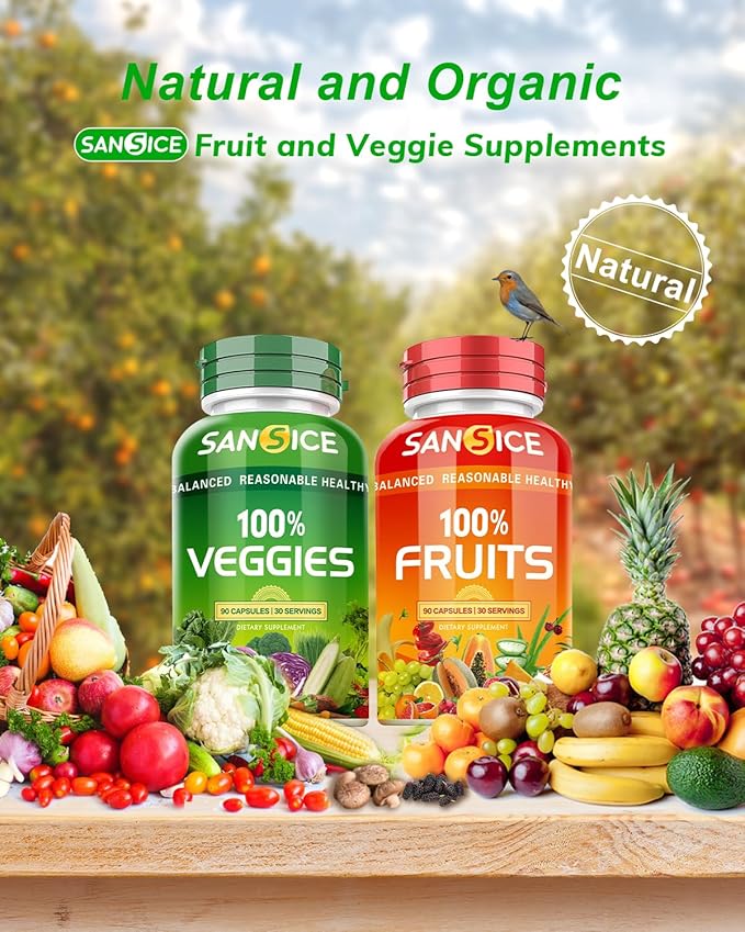 Fruits and Veggies Supplement, Natural Fruit and Vegetable Vitamins Soy Free & Non-GMO Vegetable and Fruit Supplements for Women Men and Kids - 90 Fruit Capsules, 90 Veggie Capsules