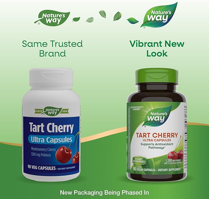 Nature's Way Tart Cherry Ultra Capsules, Montmorency Cherry, Anthocyanins for Antioxidant Support*, 1,200 mg per 3-capsule serving, 90 Vegan Capsules (Packaging May Vary)