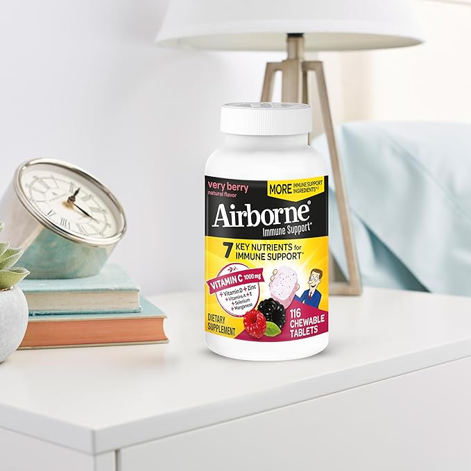Airborne Vitamin C 1000mg (per Serving) - Very Berry Chewable Tablets (116 Count in a Bottle), Gluten-Free Immune Support Supplement, with Vitamins A C E, Zinc, Selenium, Ginger, Antioxidants