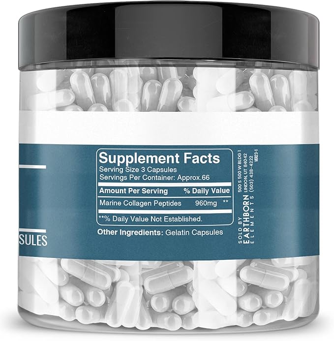 Earthborn Elements Collagen Peptides (200 Capsules) Hydrolyzed Fish Collagen, Non-GMO, Scent-Free, Bioavailable (960 mg Serving)