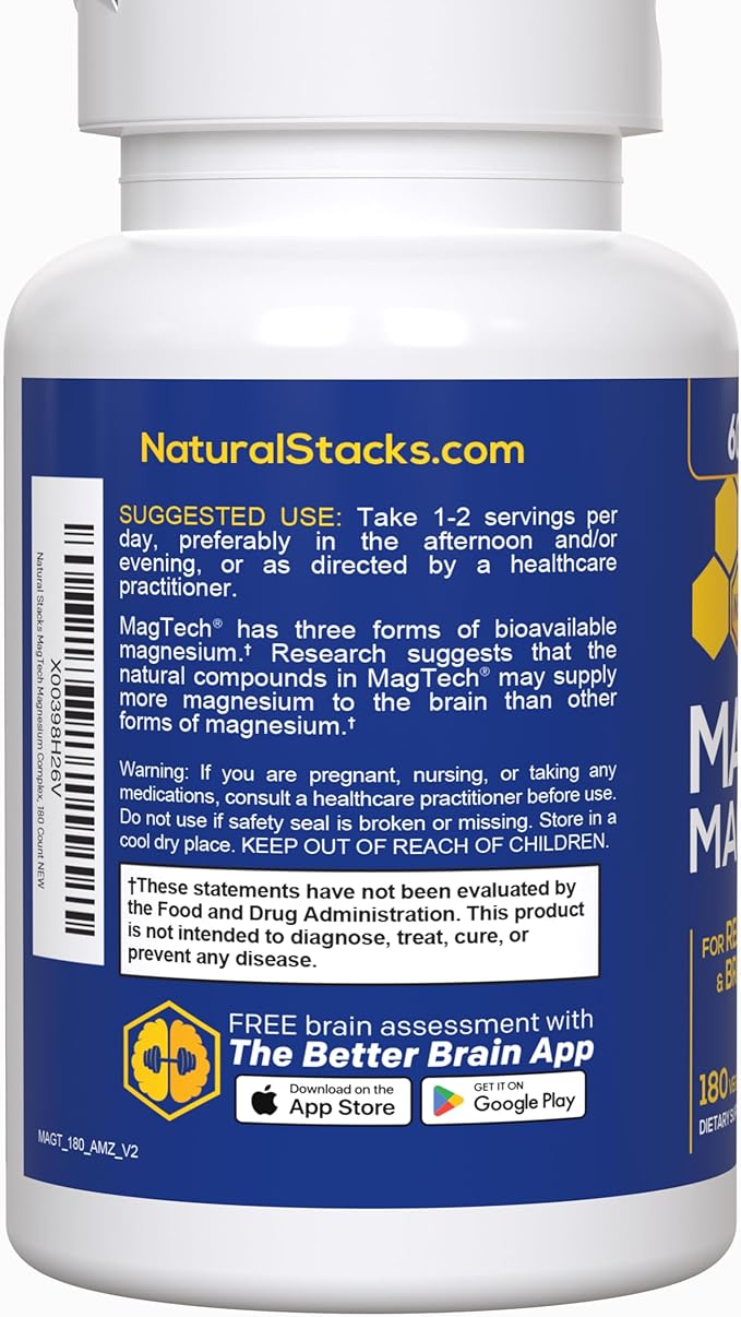 MagTech Magnesium Supplement - 3 Forms of Magnesium: Magtein L-Threonate, Glycinate & Taurate - 200mg Chelated Magnesium Complex - Supports Relaxation & Brain Health - 180 Capsules