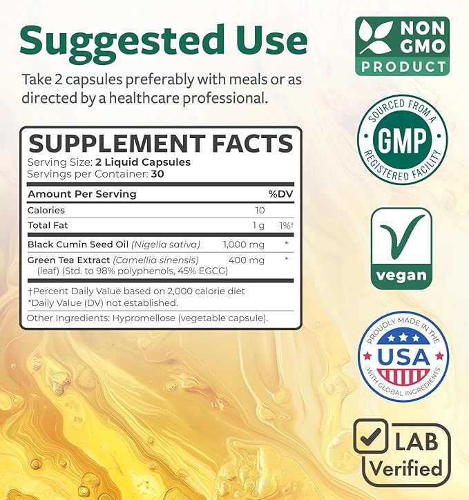 Black Seed Oil Capsules with Green Tea Extract - 1400mg - 60 Liquid Capsules (Non-GMO & Vegan) - Natural Energy Support with Minimal Caffeine for Mental Clarity & Focus