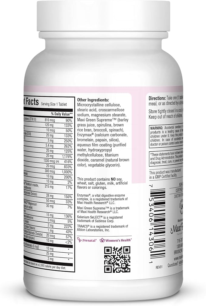 Maxi Health One Prenatal - Womens Prenatal Vitamins with Iron - Enhanced Absorption & Bioavailability - Daily Multivitamin for Women - Multi Vitamin & Mineral Supplement for Adults - 60 Tablets