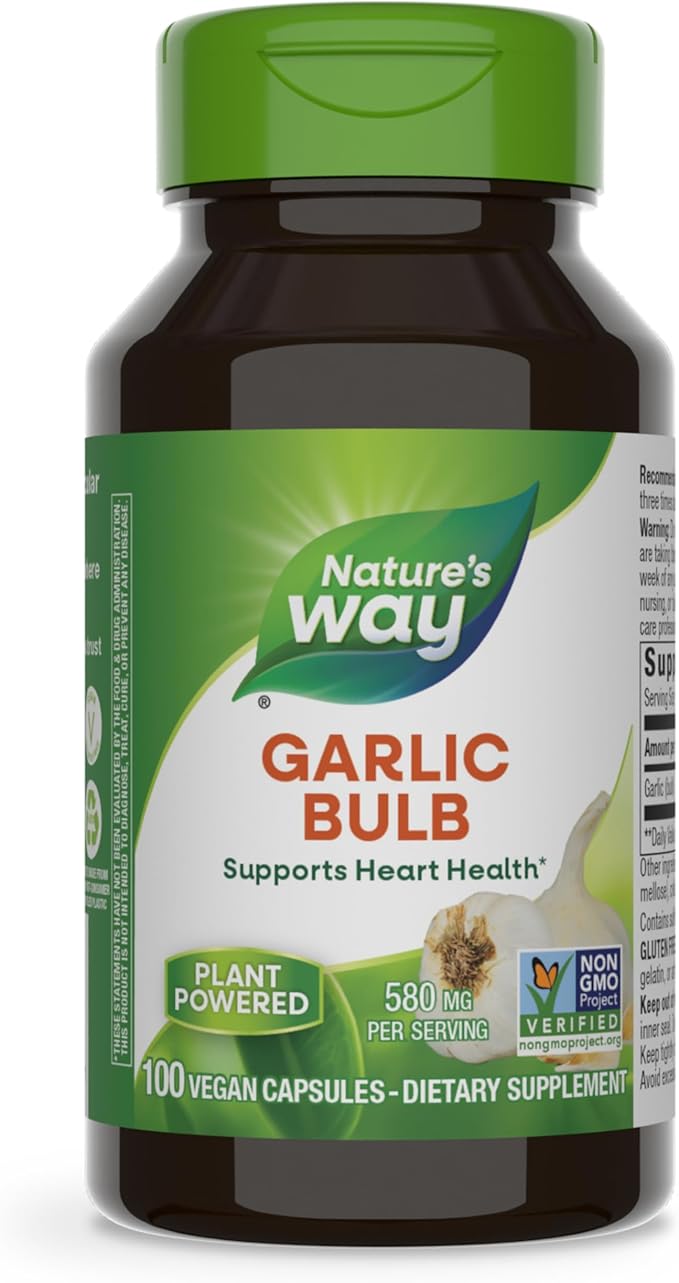 Nature's Way Garlic Bulb, Supports Heart Health*, Non-GMO Project Verified, 580 mg per Serving, Vegan, 100 Capsules (Packaging May Vary)