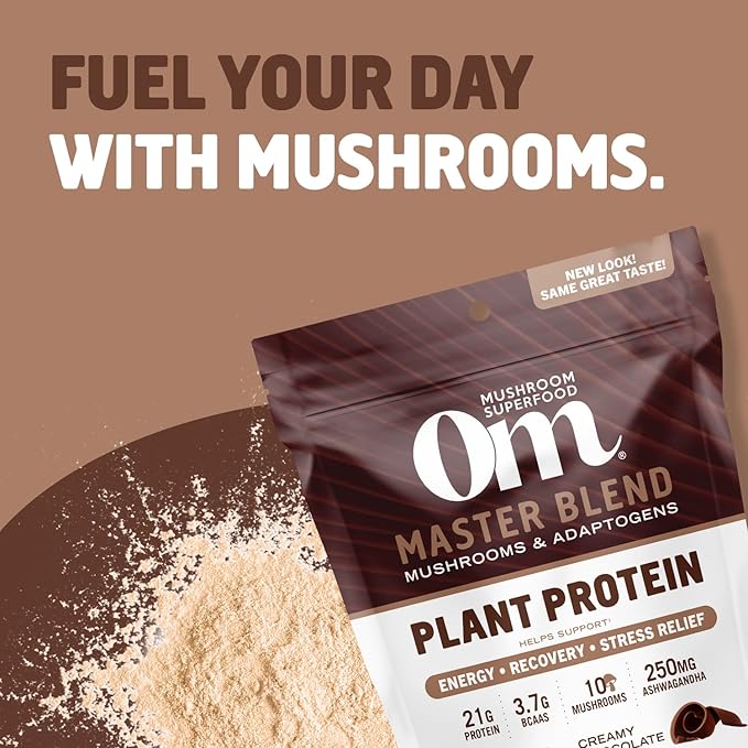 OM MUSHROOM SUPERFOOD Master Blend Creamy Chocolate Protein Powder, 16 Servings, Plant-Based with 10 Mushroom Complex for Recovery & Energy