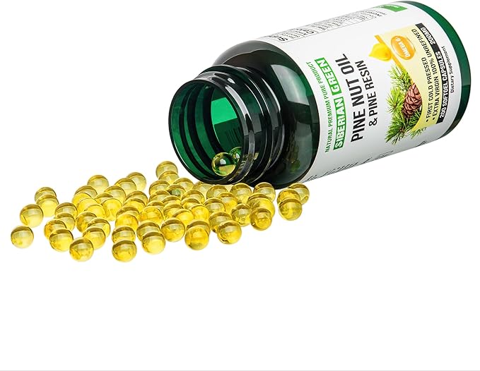 Pine Nut Oil w/Pine Resin Capsules 200 Softgels Wild Harvested Siberia Altai Cold Pressed Unrefined