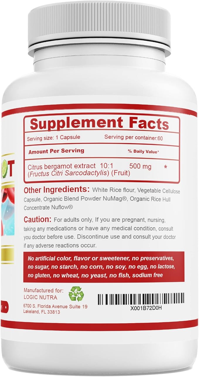 Citrus Bergamot Complex 1000mg Serving (2 Caps) — Contains Citrus Bergamonte Extract 10:1 – Citrus Bergamia Patented Blend - Vegan and Non-GMO — 60 Capsules