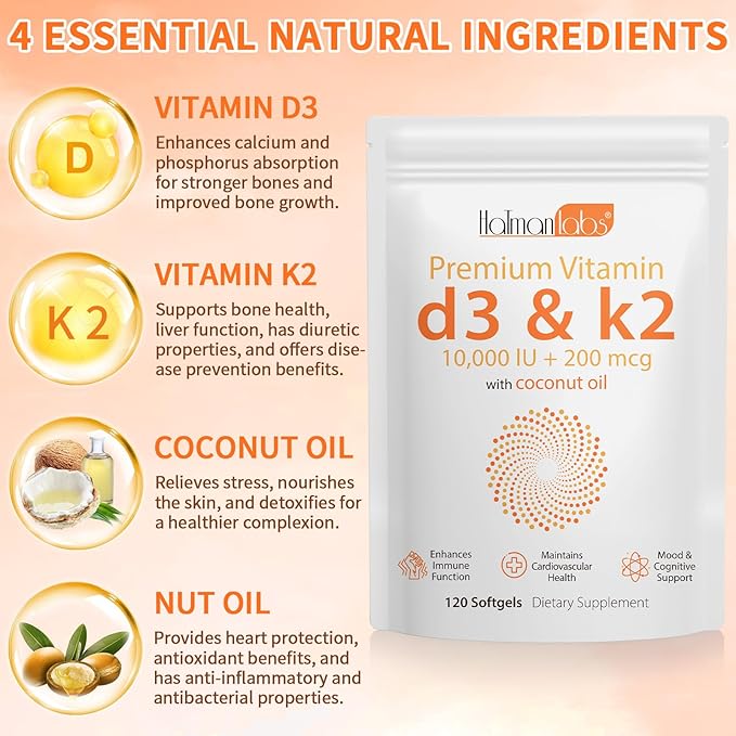 Vitamin D3 K2 Softgel 120pcs with Coconut Oil Support Immune, K2 D3 Vitamin Supplement Fast Absorption, D3 K2 Vitamin 10000IU, Promotes Healthy Bones, Non-GMO
