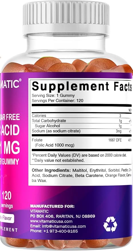 Vitamatic Folic Acid Gummies 1000 mcg (1 mg) - an Essential Prenatal Vitamins for Mom & Baby - Vitamin B9-120 Vegan Gummies (1)