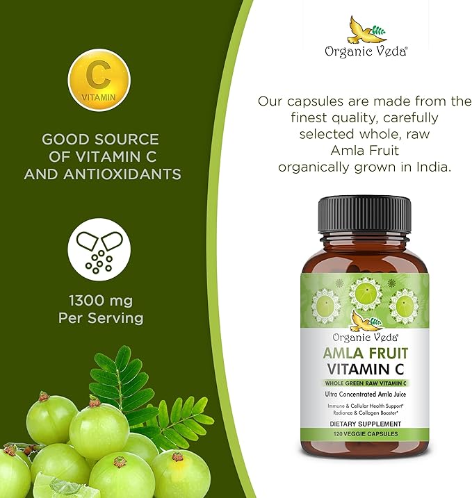 Organic Veda Amla Fruit Capsules, 20 X Concentrated Amla Berry Juice Extract Natural Vitamin C Supplement - Potent Antioxidants, Immunity, Skin Radiance - Vegan Vitamin C Amla Powder Capsule 120