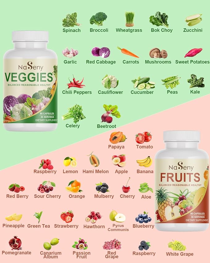Fruits and Veggies Supplement with 40 Different Fruits & Vegetables-Nutrient-Rich Formula Rich in Vitamins and Minerals for All Ages for Energy, Immunity- 90 Fruit & 90 Veggie Capsules