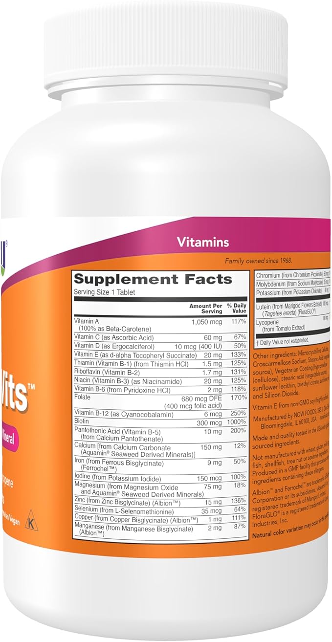 NOW Foods Supplements, Daily Vits™, One Tablet Daily with Lutein & Lycopene, 250 Tablets