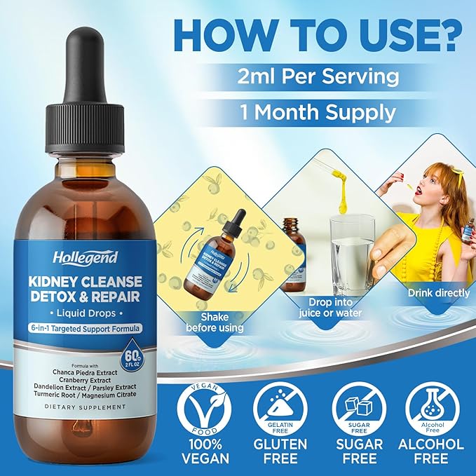 Kidney Cleanse Detox & Repair Liquid Drops, Kidney Support Supplement Enhanced with Chanca Piedra, Cranberry, Dandelion, Parsley, Turmeric Root, Magnesium Citrate, 2 Fl Oz
