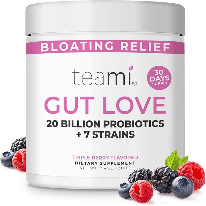 Teami Prebiotic and Probiotic Powder for Women - Promotes Digestion, Bloating Relief & Belly Balance - Gut Health Powder with 20 Billion Probiotics & 7 strains - Triple Berry Gut Love, 30 Servings