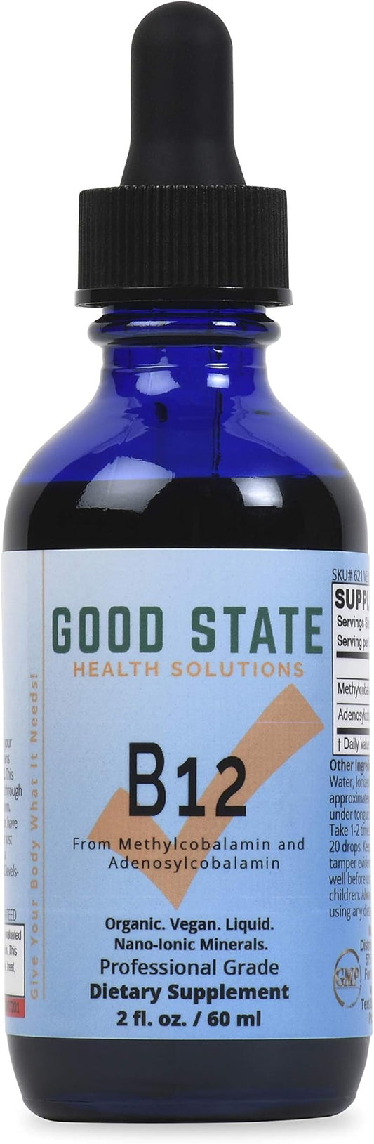 Good State Vitamin B12 Liquid Mineral Supplement | Vegan, Organic and Professional Grade B12 Vitamins Sublingual Liquid | Nano-Ionic for Optimal Absorption | 2 Fl oz Bottle
