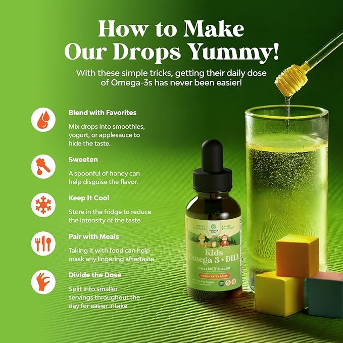 Kids DHA Omega 3 Drops - Fatty Acids Omega 3 6 9 for Brain, Immune Strength & Vision - Nutritional DHA for Kids for Healthy Nervous System & Focus Support - Liquid Supplement with EPA & ALA - 2 Fl Oz
