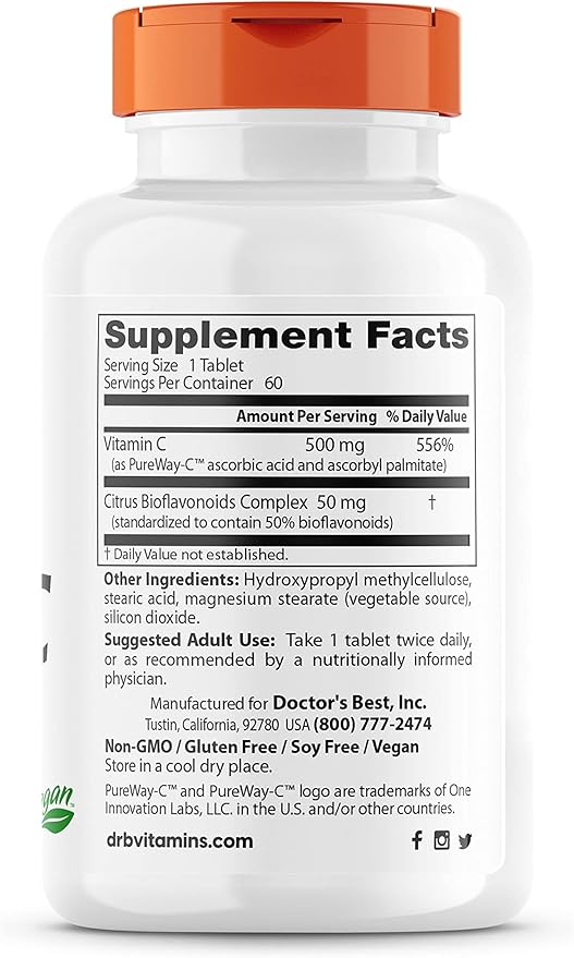 Doctor's BEST 12-Hour Vitamin C 500mg with PureWay-C, Supports Immune System, Potent Antioxidant 60 Tablets (Pack of 2)