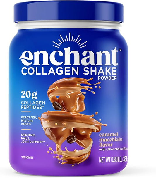 Enchant Collagen Shake Powder, Caramel Macchiato Flavor – 20g Grass Fed Collagen Peptides, Avocado Oil Creamer, Source of Omega 9 Fats + Fiber, Promotes Hair, Nail, Skin, Bone & Joint Health, 0.80 lb