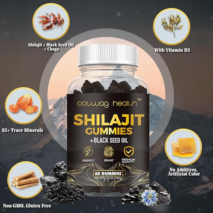 2 Pack Shilajit Resin Gummies, Shilajit for Men Women Supplement with Black Seed Oil, Russia Chaga, Honey, Shilaji t Gummies with 85+ Trace Minerals & Fulvic Acid for Energy, Digestion Health