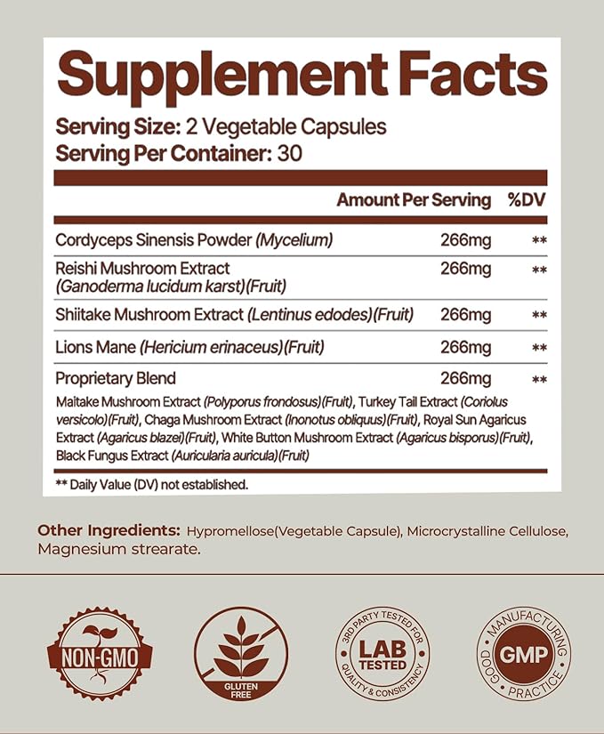 Earth Vibes 10-in-1 Mushroom Complex - 60 Vegan Capsules | Supports Immune Function & Cognitive Health | Includes Lion's Mane, Cordyceps, Reishi & Chaga | Improve Energy, Memory & Focus | Non-GMO