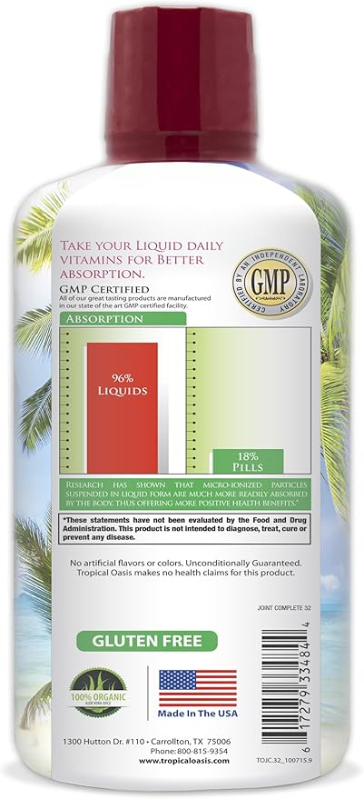 Tropical Oasis Joint Complete Premium - Liquid Joint Supplement with Liquid Glucosamine Sulfate, Chondroitin, MSM & Hyaluronic Acid - 96% Max Absorption– 32oz, 32 serv, 33484