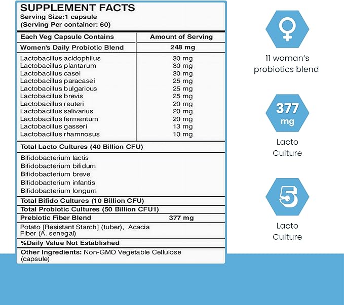 Probiotics for Women - 50 Billion CFU, 16 Strains, Organic Prebiotics & Probiotics for Women (Eurofins Lab Tested) - Digestive, Vaginal, Immune & Urinary Health - 2 Months Supply - 60 Capsules