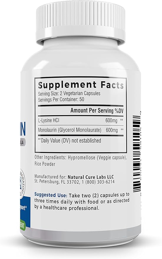 L-Lysine + Monolaurin 600mg 1:1 Ratio, 1 Pack, 100 Capsules