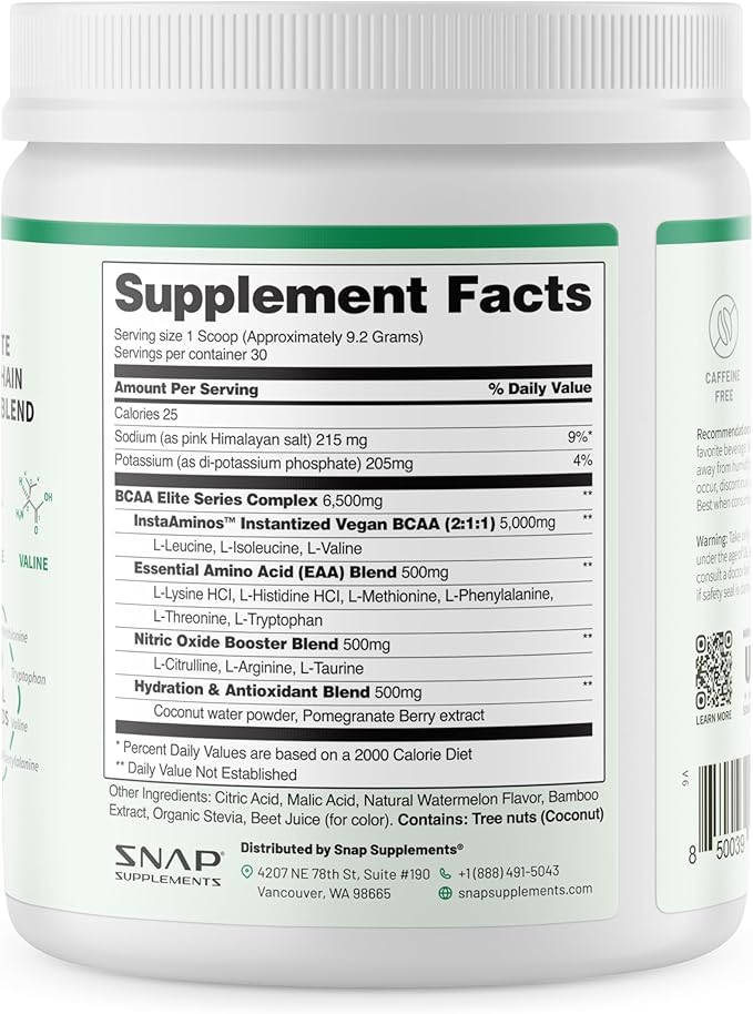 Snap BCAA Powder Essential Amino Energy Supplement with Nitric Oxide Booster - Watermelon Flavor - Pre Workout Powder, Recovery Supplements Post Workout, Muscle Strength & Performance (30 Servings)