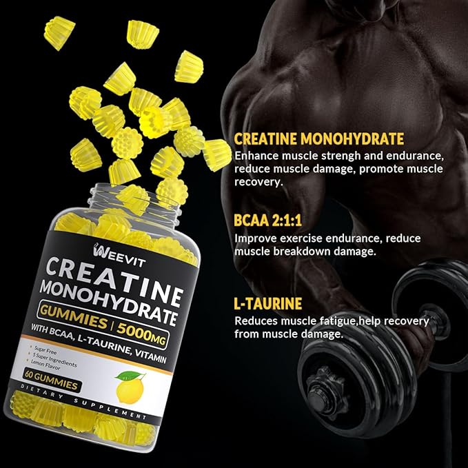 Creatine Monohydrate Gummies for Men, Chewables Creatine Monohydrate for Muscle Strength Energy Boost, Pre-Workout Supplement with BCAA, L-Taurine, B12