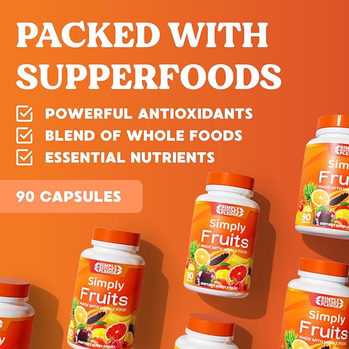 Simply Nature's Pledge - 90 Fruit Capsules - Made with Whole Food Superfoods, Packed with 25 Different Fruits - 100% Soy Free