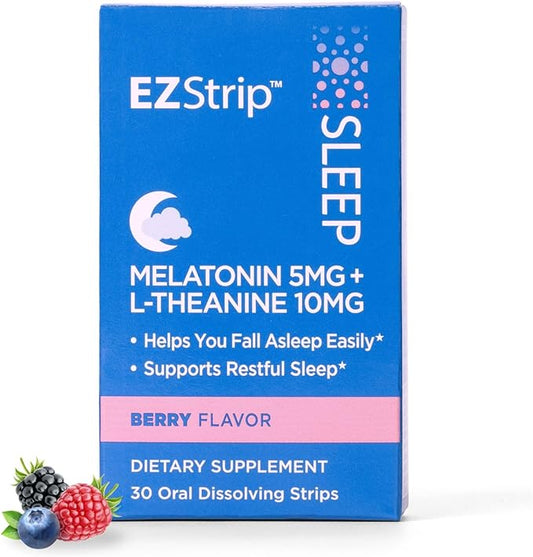 Sleep – Melatonin 5mg with L-Theanine Sleep Strips. Berry Flavor. Sugar Free, Gluten Free, Sleep Aid Supplement for Adults. Made in an FDA-Registered Facility in The USA. 30 pk