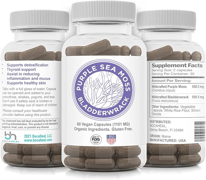 Purple Seamoss + Bladderwrack Seaweed Capsules - 2202mg Complete Nutrient Profile Dr. Sebi Inspired Wildcrafted & Wildharvested Made in The USA Rich in Minerals 60 ct