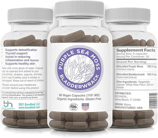 Purple Seamoss + Bladderwrack Seaweed Capsules - 2202mg Complete Nutrient Profile Dr. Sebi Inspired Wildcrafted & Wildharvested Made in The USA Rich in Minerals 60 ct