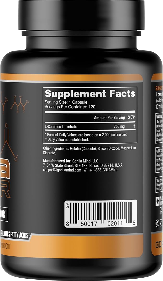 Gorilla Mind AR Carnitine 750mg Capsules Androgen Receptor Upregulator,Boosts Cellular Energy, Upregulates Androgen Receptor Density,Shuttles Fatty Acids (120 Capsules)