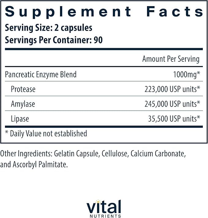 Vital Nutrients Pancreatic Enzymes 1000mg (Full Strength) | Pancreatin Digestion Supplement with Protease, Amylase & Lipase | Digestive Enzymes | Gluten, Dairy, and Soy Free | 180 Capsules