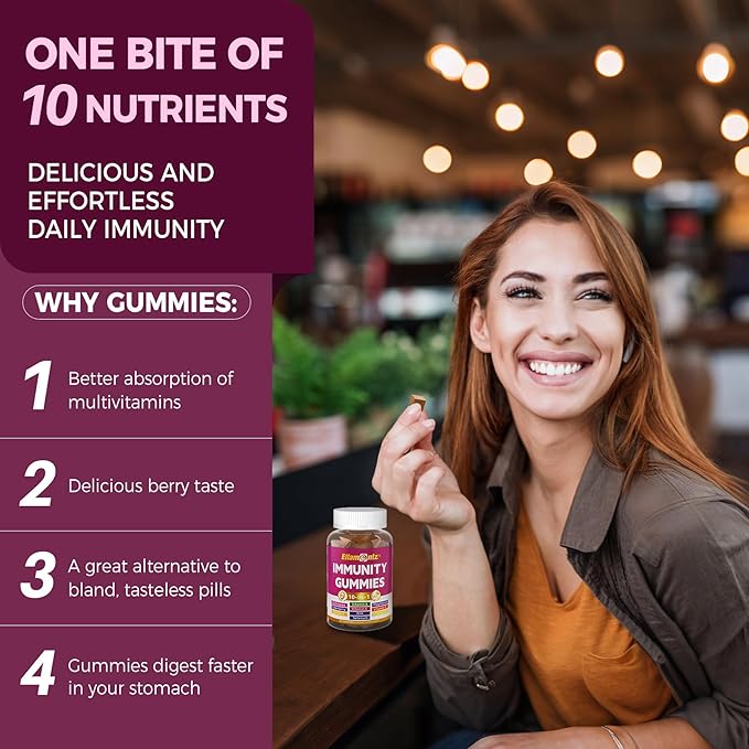 10-In-1 Immune Gummies with Multivitamins, 100% Daily Zinc, Vitamin C & D3 Immunity Supplement + Echinacea, Sambucus Elderberry, Turmeric, Magnesium, Immune Support, Overall Health, Sugar Free, 2 Pack