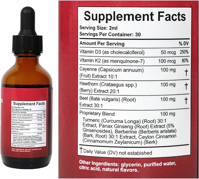 Cayenne Pepper Hawthorn Beet Root Turmeric Vitamin K2+D3 Liquid Drops (60ML)