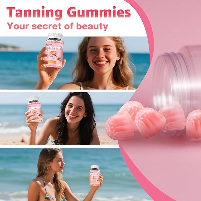 Tanning Gummies - Sugar Free Daily Tanning Gummies for Woman & Men, Self Tanning Melanin Supplements with Lycopene & Astaxanthin for Skin Health, Strawberries Flavor, 60 Count