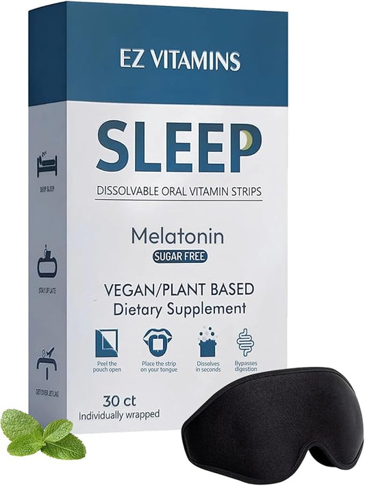 Dissolvable Oral Sleep Strips with 5mg Melatonin, Valerian Root, L-Theanine, Vitamin D3 - Sleep Support Oral Strips with Sleep Mask, Fresh Mint Flavor, No Water Needed, Works Faster Than Gummies, 30ct