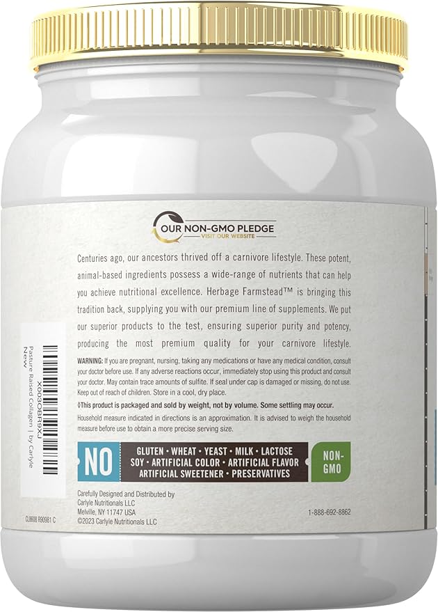 Carlyle Grass Fed Collagen Peptides Powder 20oz | Unflavored | Pasture Raised | Types I & III | 20g of Collagen Per Daily Dose | Non-GMO, Gluten Free | by Herbage Farmstead