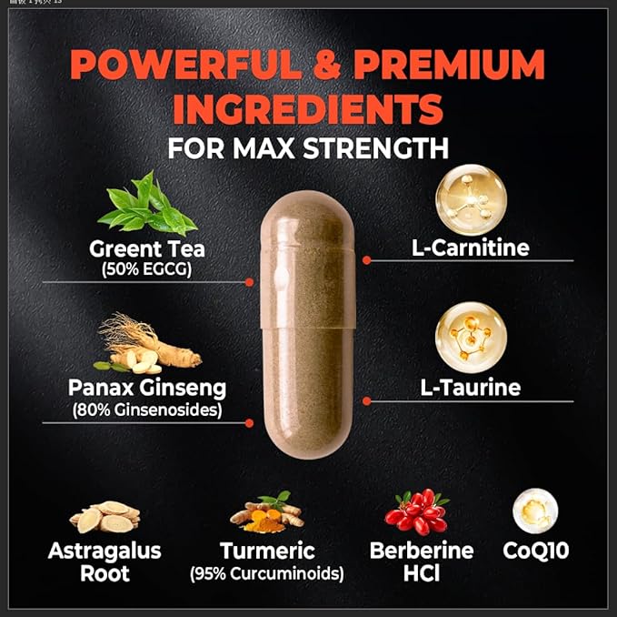 Daytime Fat Burner Supplement for Men & Women,with Green Tea Extract, L-Carnitine, Co-Q10, Turmeric, Berberine,Bitter Melon for Metabolism Appetite Support 60 Capsules