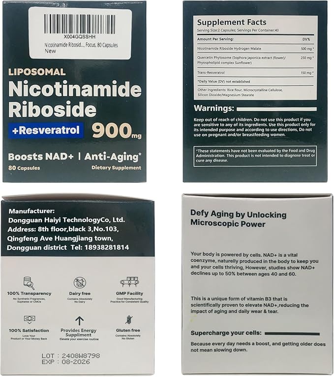 Nicotinamide Riboside, Liposomal Nicotinamide Riboside 900mg Resveratrol Quercetin Supplement for Vitality, Anti Aging, Energy, Focus, 80 Capsules
