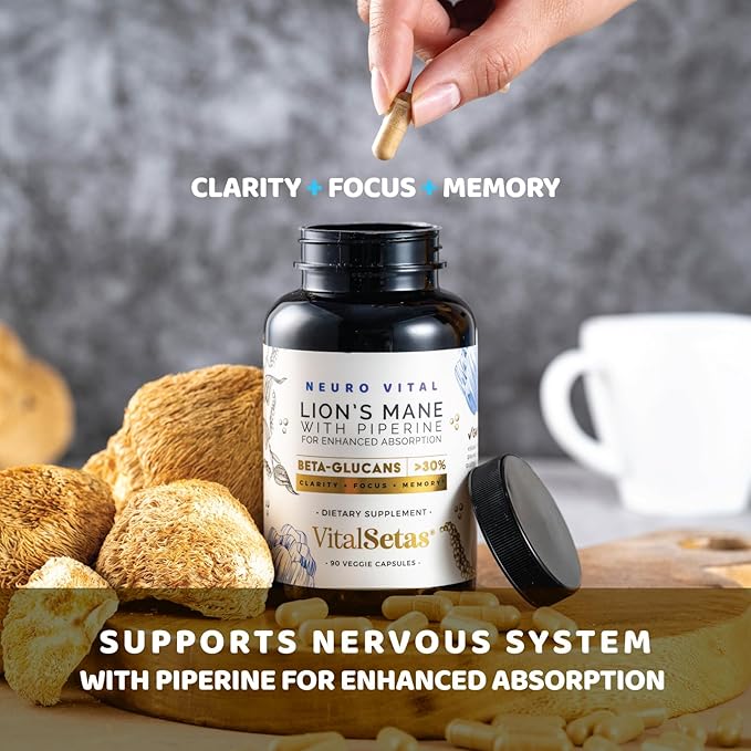 Neuro Vital Lion's Mane & Piperine Brain Supplement - Amplify Focus, Boost Memory, and Enhance Mental Clarity – Lab Tested & Allergen Free - 90 Premium Veggie Capsules for Immune Support