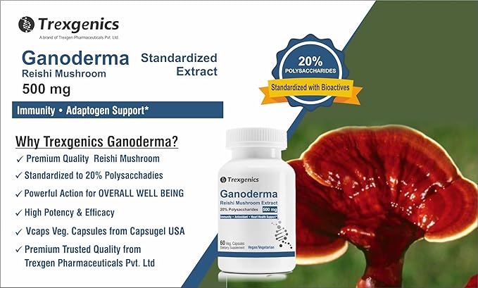 Trexgenics GANODERMA 500mg Reishi Mushroom 20% Polysaccharides Antioxidant, Immunity Support (60 Veg. Capsules)