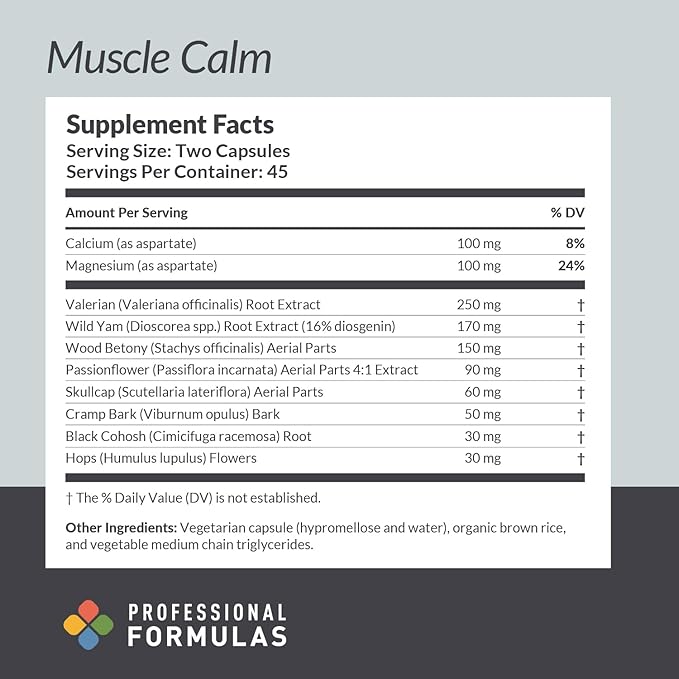 Professional Formulas Muscle Calm - Support Healthy Muscles and Mobility* with Valerian Root, Wild Yam, Cramp Bark, Calcium & Magnesium - Vegetarian, Gluten Free, Hypoallergenic, 90 Capsules