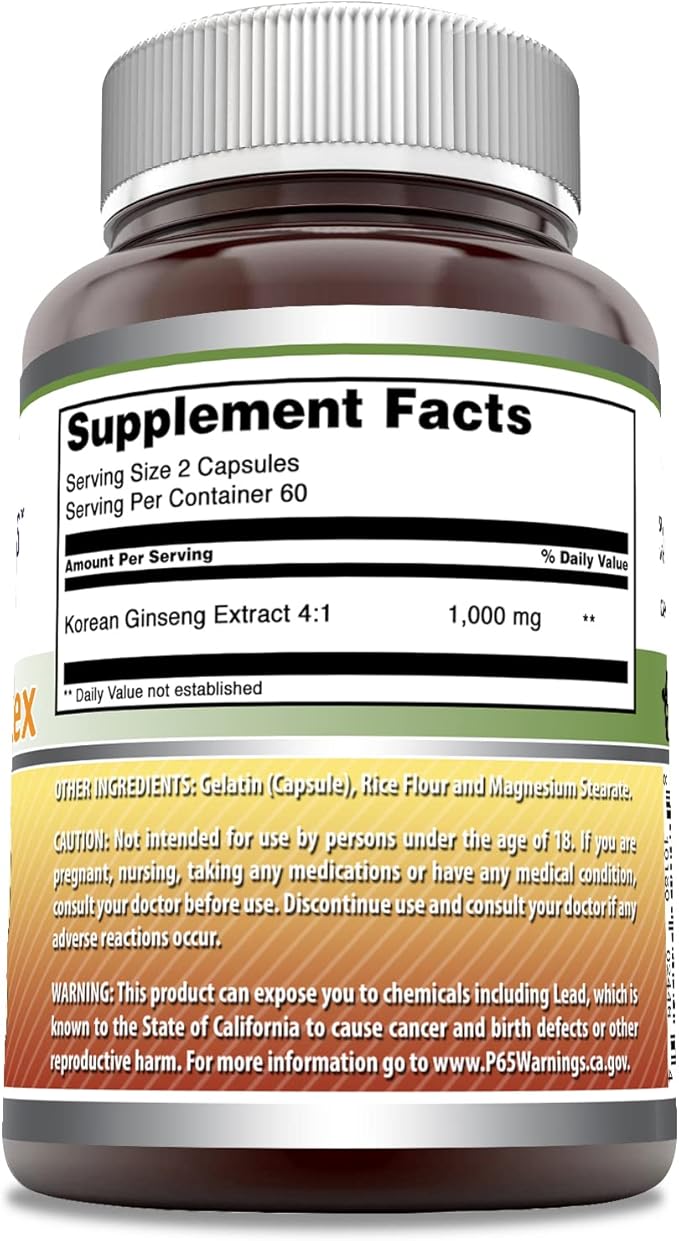Amazing Formulas Ginseng Complex 1000mg of 4:1 Korean Ginseng Extract, 120 Capsules Supplement | Non-GMO | Gluten Free | Made in USA