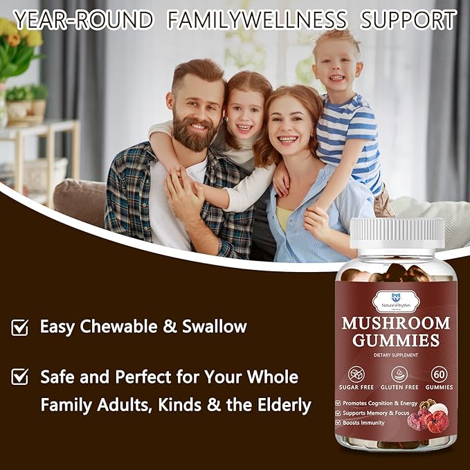 Organic Mushroom Gummies with Mane Mushroom, Reishi, Cordyceps, Lion's Mane Mushroom Gummies for Adults Brain Booster, Immune Support, Energy-60 Units
