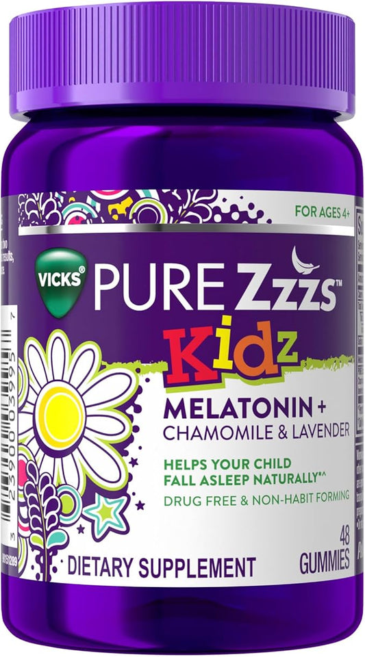VICKS PURE Zzzs Kidz, Melatonin Sleep Aid Gummies for Kids and Children, Helps Your Child Fall Asleep Naturally, Low Dose Melatonin, 48 Gummies